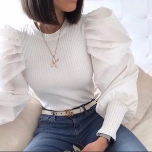 ZARA NEW WOMAN CONTRAST KNIT TOP PUFF SHOULDERS